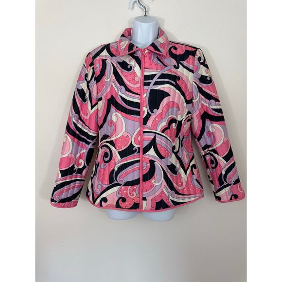 Anne Carson Silk Quilted Jacket Pink Abstract Print Sequin Detail Size L - Picture 1 of 8